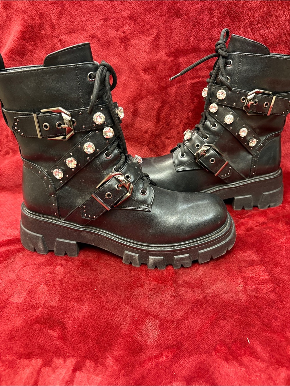 Black Studded Combat Boots with Crystal Straps - Women